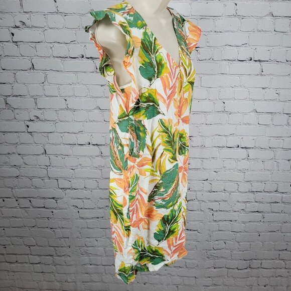 Nicole Miller Multicolor 100% Linen Leaf Print Flutter Sleeve Shift Dress XS - Picture 9 of 10